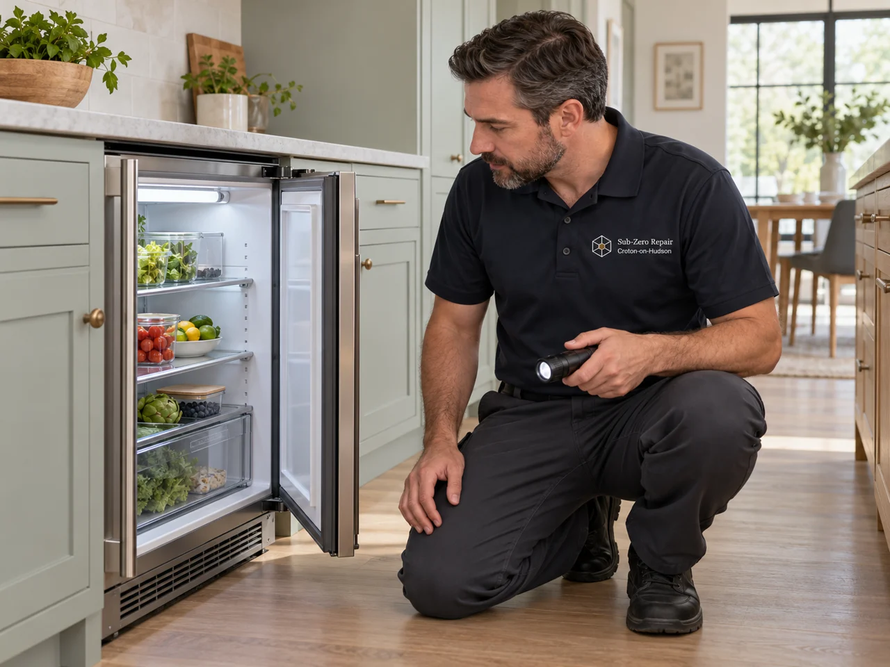AI illustration of an appliance technician wearing Sub-Zero Repair Croton-on-Hudson branding